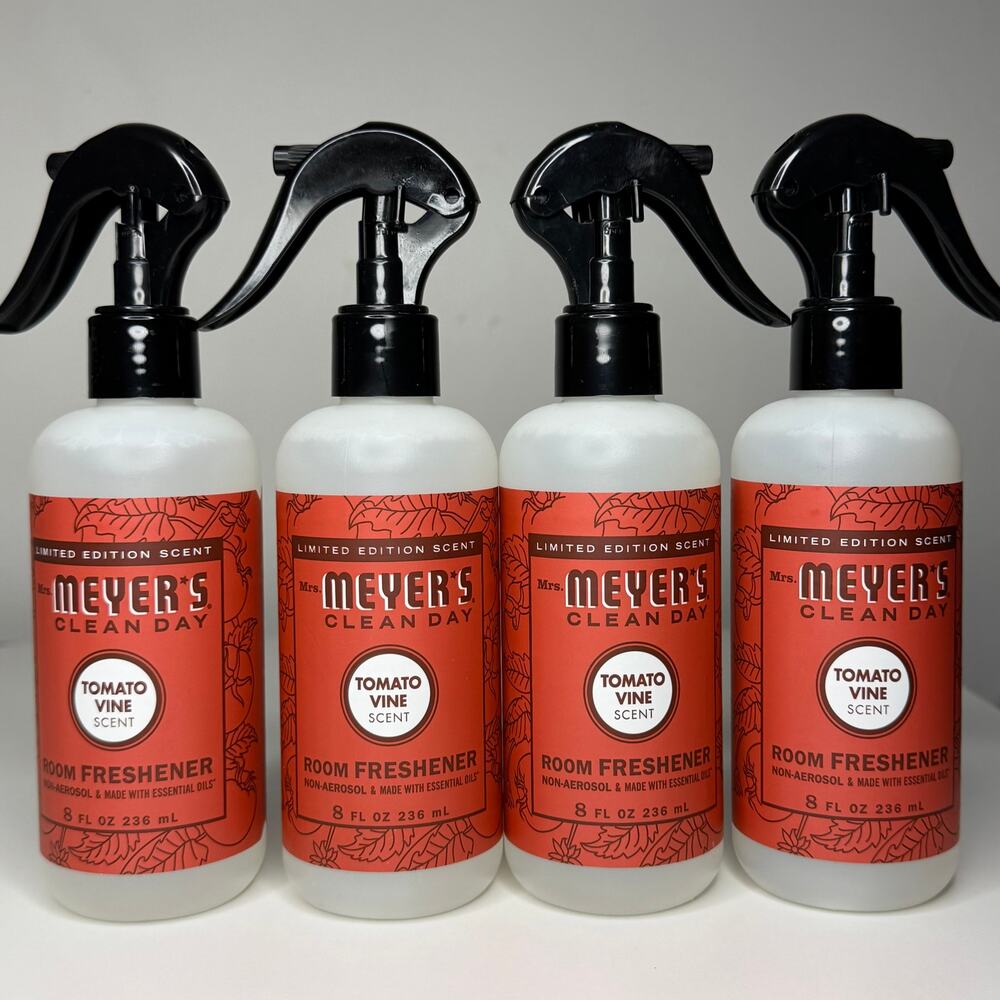 Set of 4 — Mrs. Meyers Tomato Vine Summer Scent Room Freshener Spray Bottles 8oz
